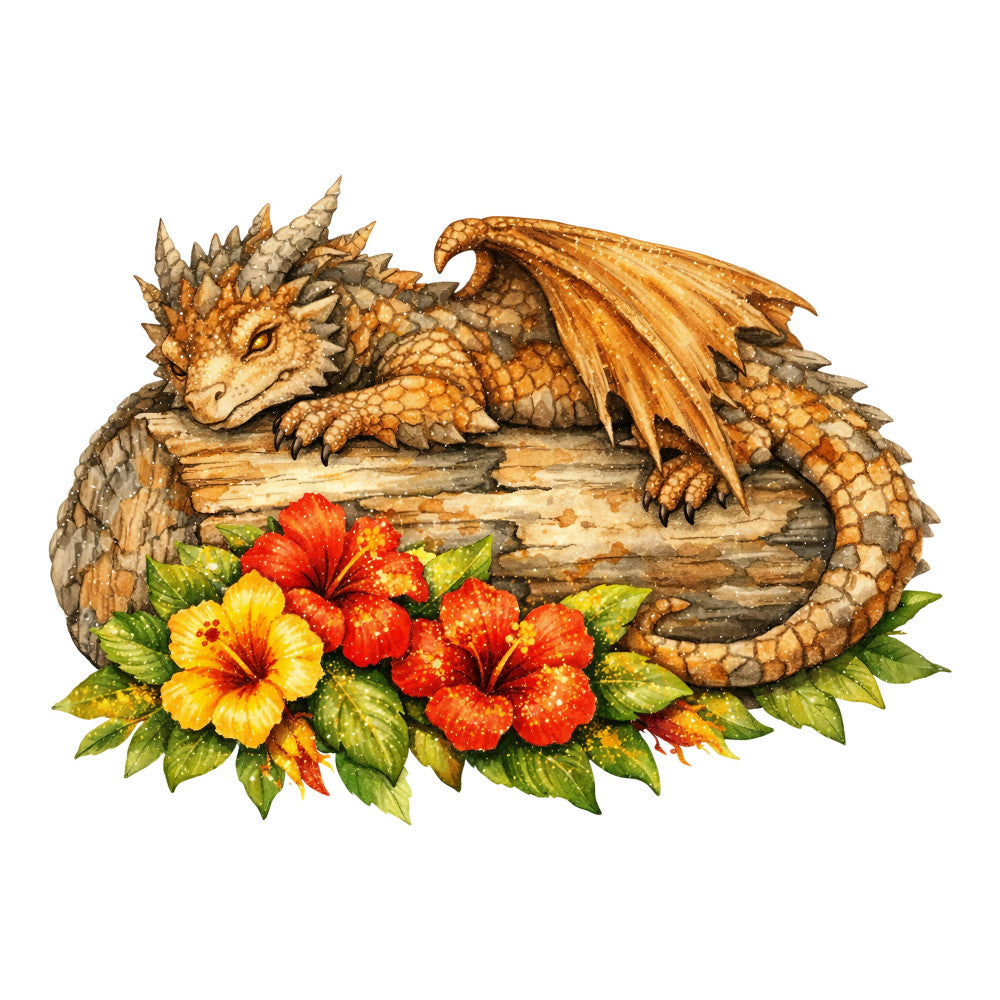 dragon, fantasy, gold, bronze, tan, cream, red, yellow, orange, hibiscus, tropical flowers, floral, nature, whimsical, magical, mystical, creatures, mythical, woodland, rustic, enchanted, adventure, storybook, children's, young adult, decorative panel, wall hanging, fire dragon, scaled, wings