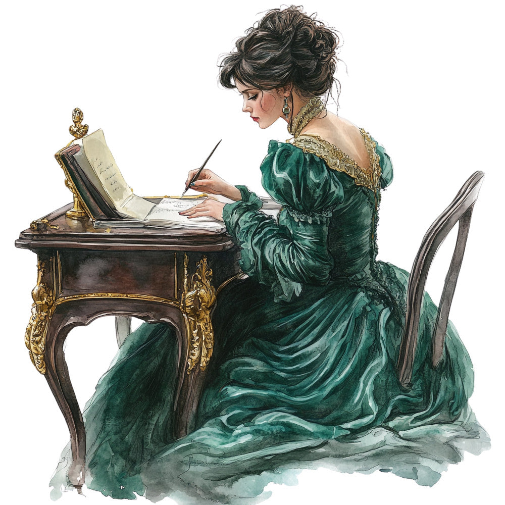 emerald green, forest green, gold accents, vintage, elegant, victorian, woman portrait, historical, classic literature, writing, desk, ornate furniture, luxurious, sophisticated, period costume, regency era, traditional, literary, nostalgic, antique, refined style, detailed illustration, figurative, cultural, timeless, ornamental, botanical elements, lace details, romantic, feminine
