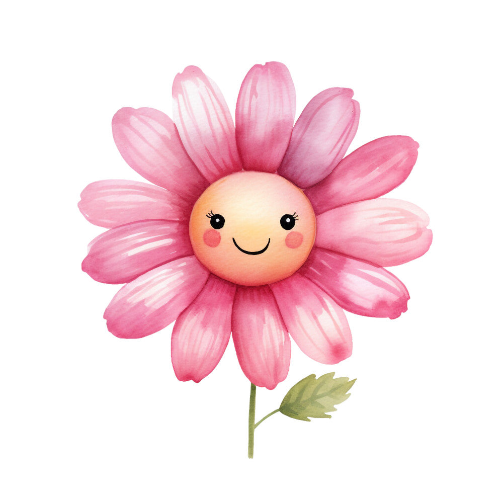 pink flower, smiling face, watercolor style, cheerful expression, daisy design, green stem, leaf detail, kawaii character, cute illustration, fabric panel, quilting cotton, children's decor, nursery theme, happy flower, anthropomorphic design, soft pastels, whimsical art, cartoon flower, rosy cheeks, floral motif