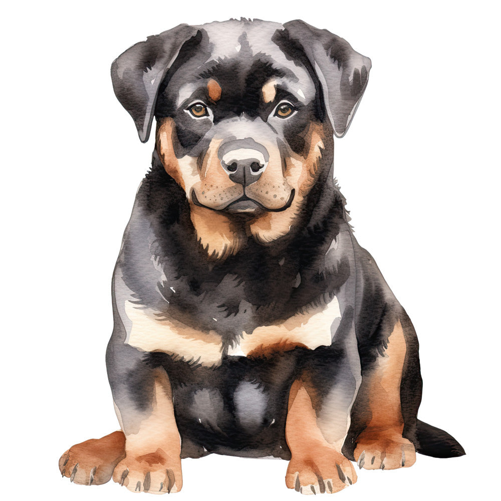 Watercolor Rottweiler Fabric Panel 10 showcasing a detailed, hand-painted Rottweiler puppy on premium quilting cotton.