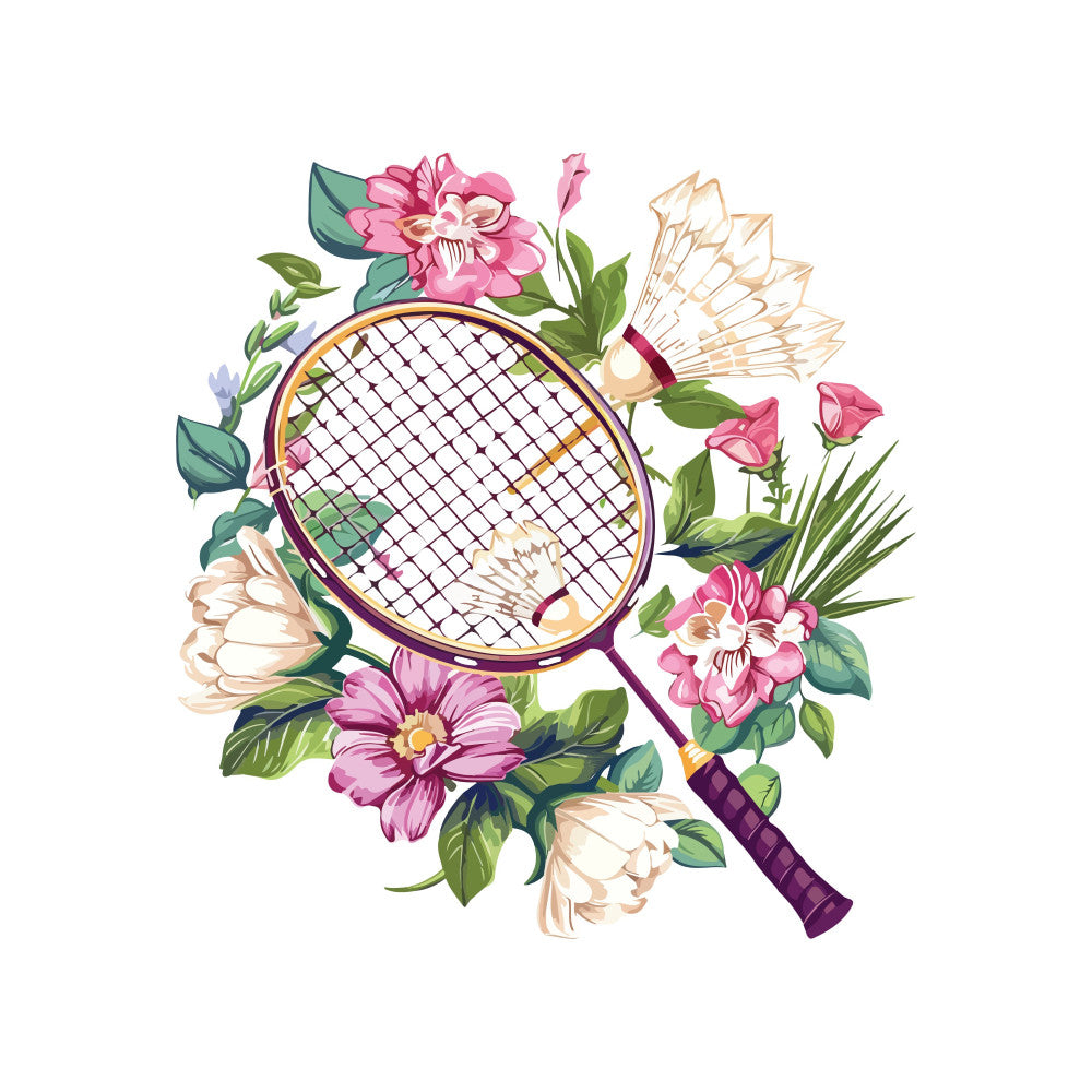 badminton, sports, racket, shuttlecock, pink flowers, cream flowers, sage green, mauve, purple, floral, nature, botanical, whimsical, elegant, vintage, spring, summer, feminine, garden, blossoms, petals, leaves, foliage, decorative, artistic, playful, wall hanging, home decor, hobby themed