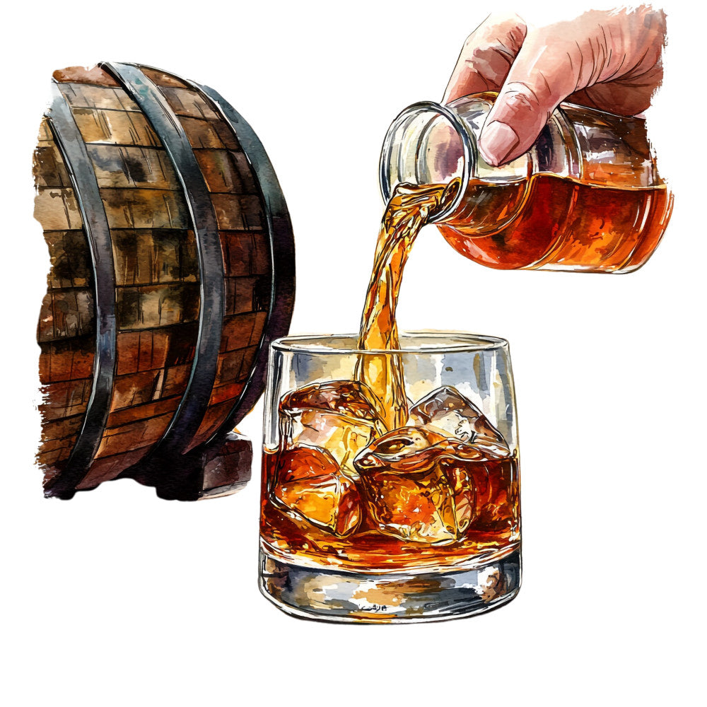 bourbon whiskey, amber liquid, wooden barrel, ice cubes, glass tumbler, hand pouring, rich browns, golden amber, copper tones, distillery theme, alcohol illustration, watercolor style, realistic artwork, fabric panel, quilting cotton, beverage design, bar scene, whiskey barrel, rocks glass, artisan craft