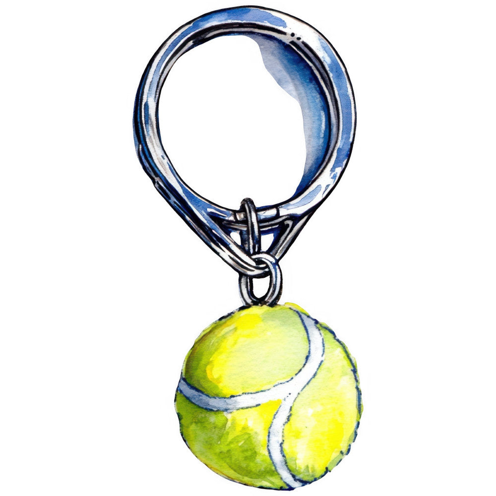 tennis ball keychain, sports theme, athletic wear, yellow green, lime green, white stitching, gray blue, navy blue, ball motif, sporting goods, summer sports, tennis accessories, wearable art, miniature sports, novelty keychain, recreation theme, active lifestyle, bright yellow, dual color, dimensional shading, realistic illustration, casual style, playful design, sports lover gift, tennis fan, athletic motif, modern illustration, contemporary style, summer themed
