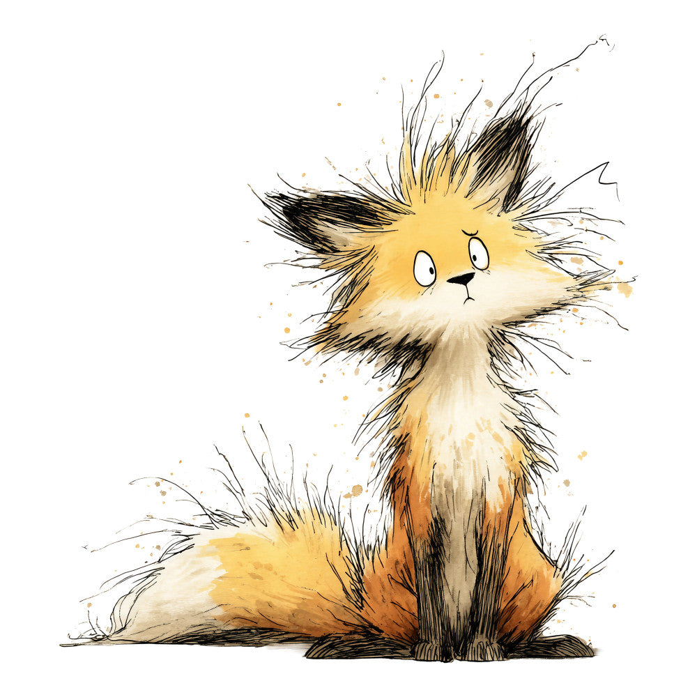 fox, animal, whimsical, cute, golden yellow, black, cream, orange, watercolor, illustration, children's, playful, woodland, nature, portrait, sitting fox, fluffy, artistic, ink sketch, splatter, modern, nursery, baby, kids, storybook, enchanted forest, autumn, warm tones, character