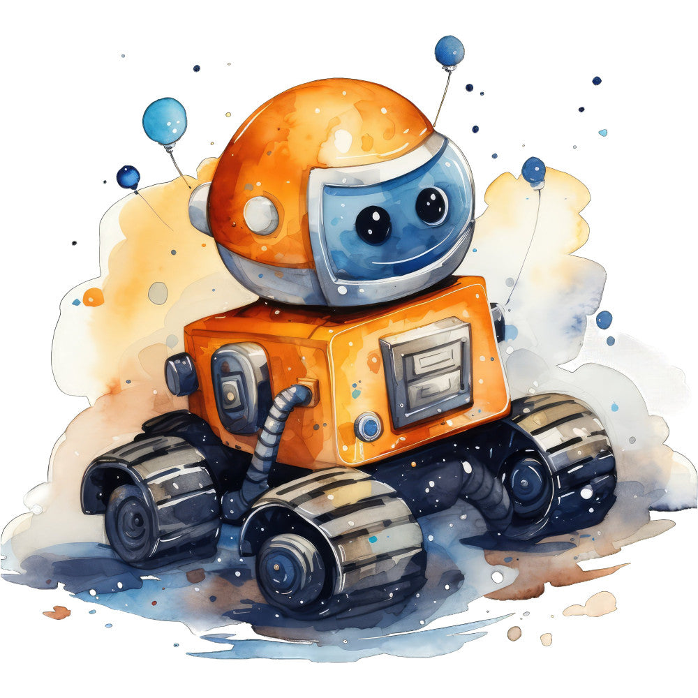 orange, blue, navy blue, bright orange, light blue, gray, cream, white, robot, space, sci-fi, futuristic, whimsical, playful, children's, kids, cute characters, mechanical, wheels, vehicle, novelty, modern, colorful, illustrated, cartoon style, animated, adventure, explorer, space explorer, boy fabric