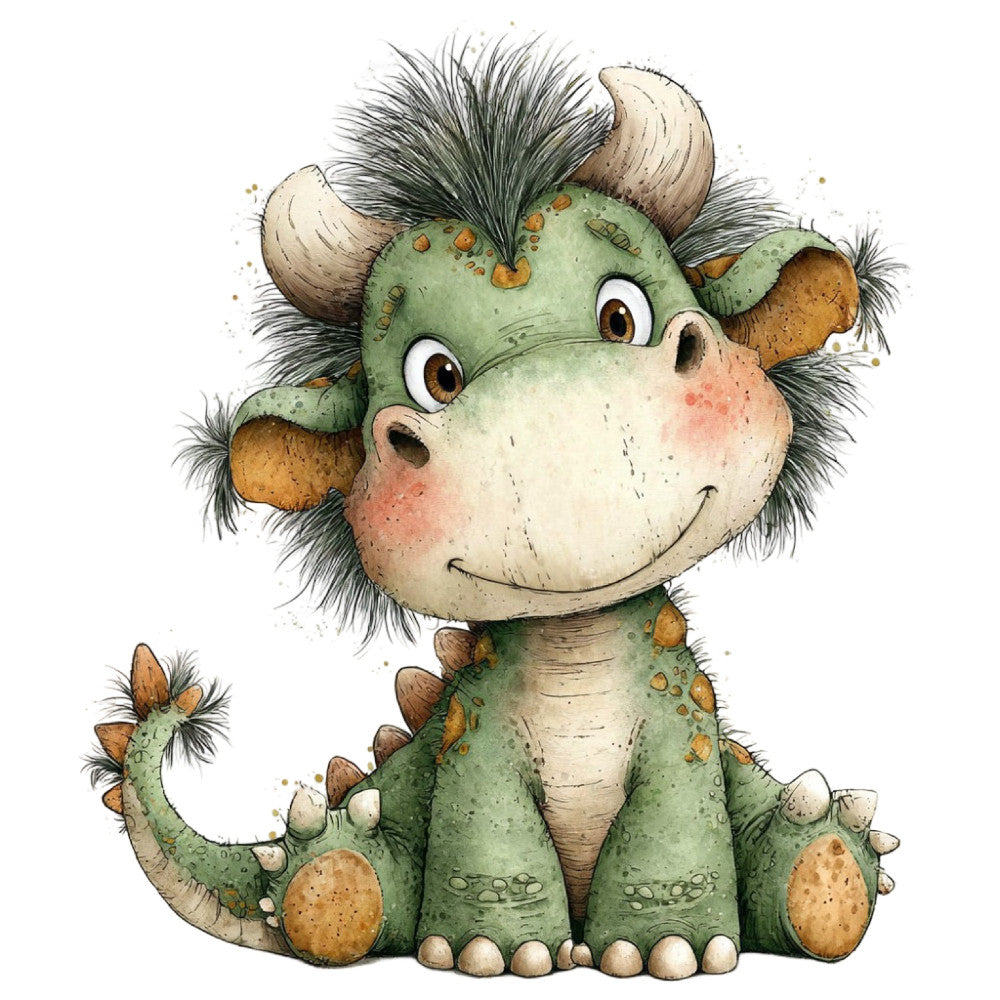 sage green, cream, tan, brown, forest green, cute animals, dragons, dinosaurs, whimsical, children's, playful, friendly, baby, nursery, kids room, illustration, watercolor, storybook, fantasy, magical, cute creatures, spotted pattern, textured, artistic, character fabric, soft colors, gentle style, young children, playroom decor