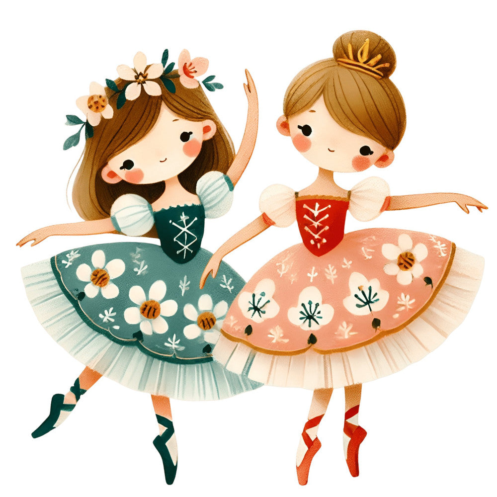 ballet, ballerina, dancing girls, whimsical, illustrated, children, cute, playful, cream, teal, coral pink, forest green, red, floral, daisies, flowers, bees, nature, spring, summer, vintage, storybook, fairy tale, tutu, pointe shoes, ribbon, feminine, sweet, delicate, girl themed