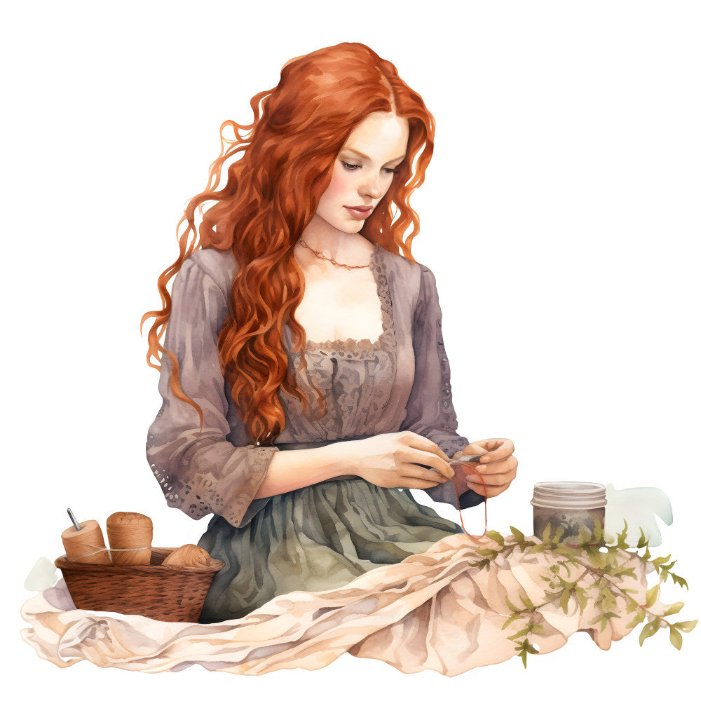 rust orange hair, copper red, dusty purple, sage green, cream, vintage portrait, historical figure, period dress, renaissance, historical costume, botanical herbs, needle and thread, basket weaving, cottage core, farmhouse, rustic, elegant, traditional, timeless, woman portrait, sewing themed, crafty, handmade aesthetic, nature inspired, peaceful, serene, heirloom quality, classic style