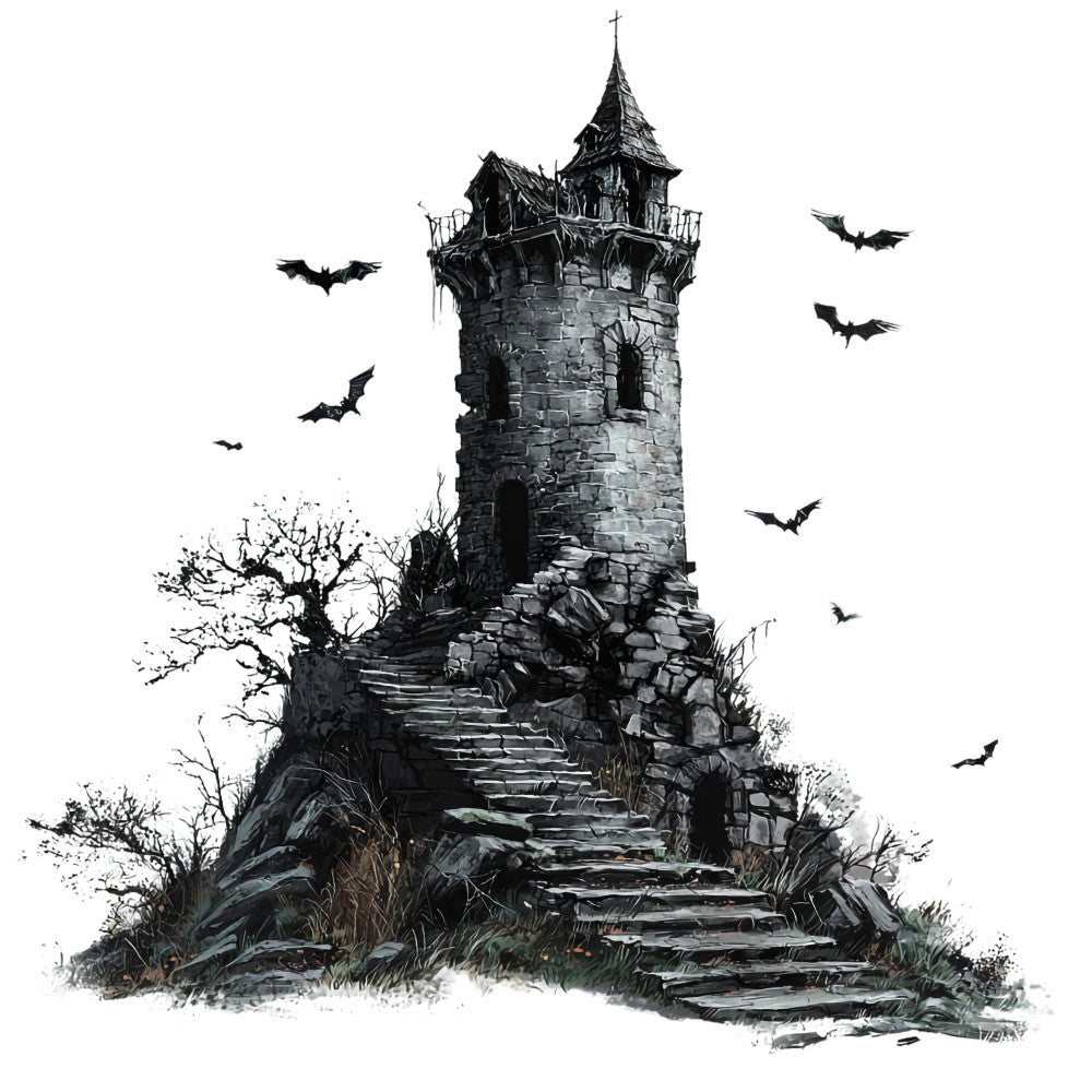 haunted house, gothic, halloween, spooky, black, charcoal gray, dark gray, stone tower, castle, bats, creepy, vintage gothic, monochromatic, dark theme, horror, witchy, eerie, abandoned, ruins, dramatic, moody, halloween decoration, gothic architecture, twisted tree, gloomy, mysterious, dark fantasy, grayscale