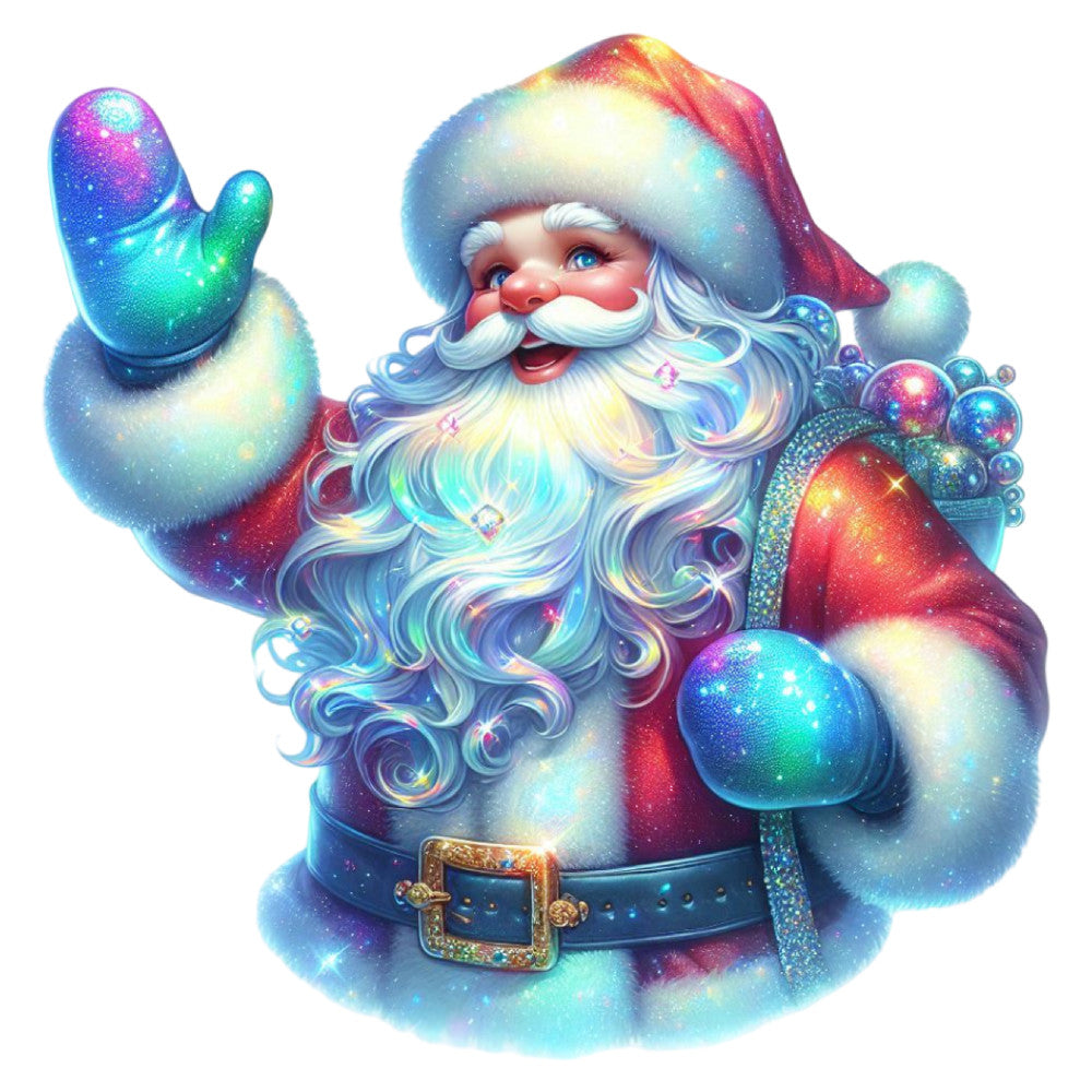 santa claus, christmas, holiday, celestial, galaxy, iridescent, multicolor, rainbow, holographic, magical, whimsical, sparkle, glitter, jolly, festive, winter, blue, red, purple, cyan, ornaments, beads, bearded, jolly saint nick, fantasy, enchanted, shimmering, elegant, metallic, decorative