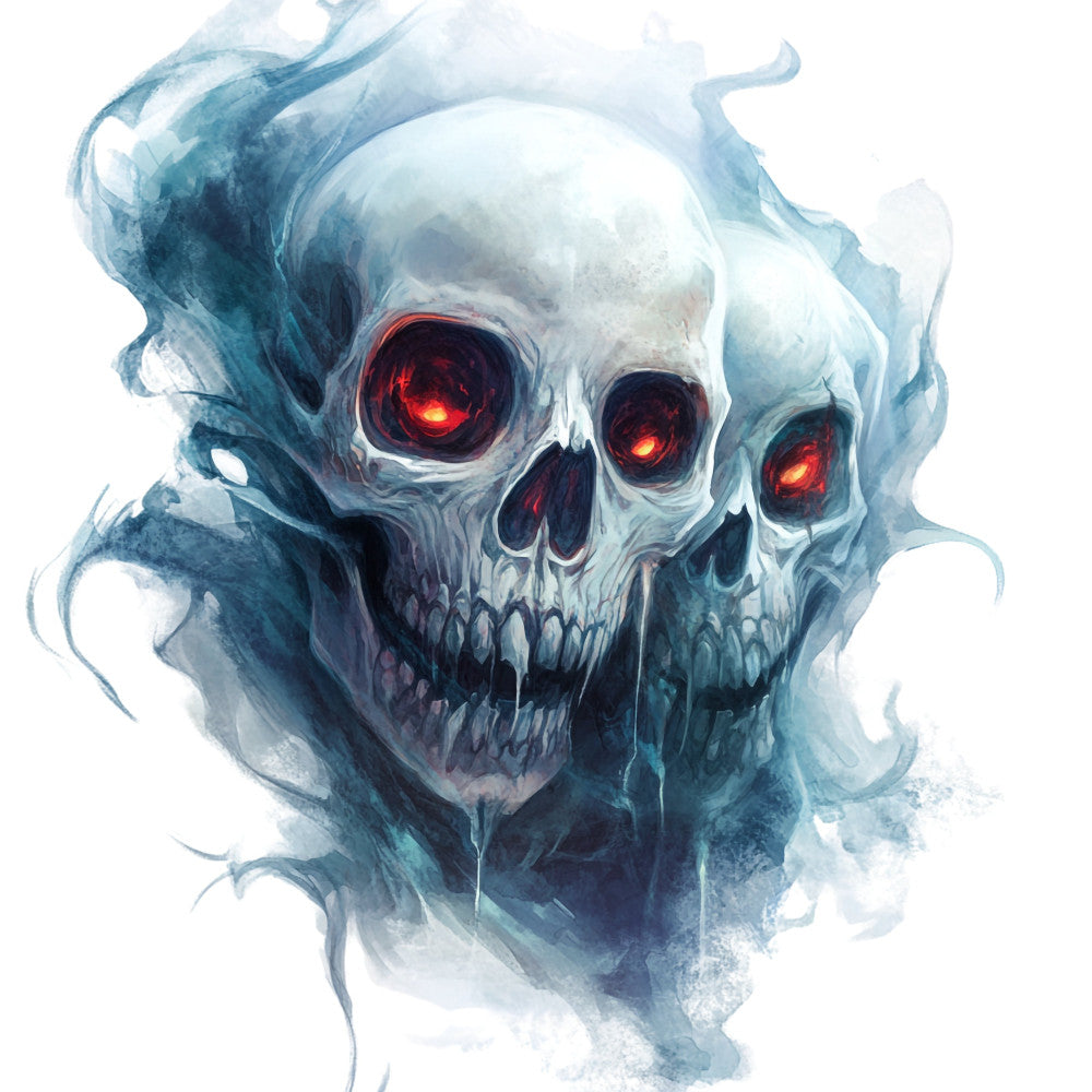 skull, glowing eyes, ice blue, white, dark blue, charcoal gray, red eyes, gothic, dark fantasy, spooky, halloween, supernatural, mystical, abstract, watercolor, ethereal, haunting, modern, edgy, goth, fantasy, metallic red, creepy, dark art, dramatic, moody, contemporary, artistic