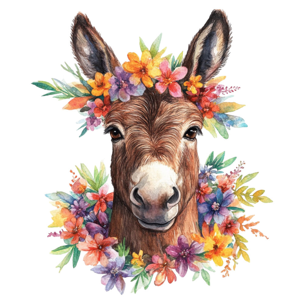 donkey, floral, animals, whimsical, bohemian, spring, summer, cottage core, farmhouse, nature, colorful, wildflowers, orange flowers, pink flowers, purple flowers, yellow flowers, green leaves, folk art, rustic, botanical, playful, cheerful, vibrant, multi-colored, flower crown, child-friendly, nursery, baby quilt, wall hanging, boho chic