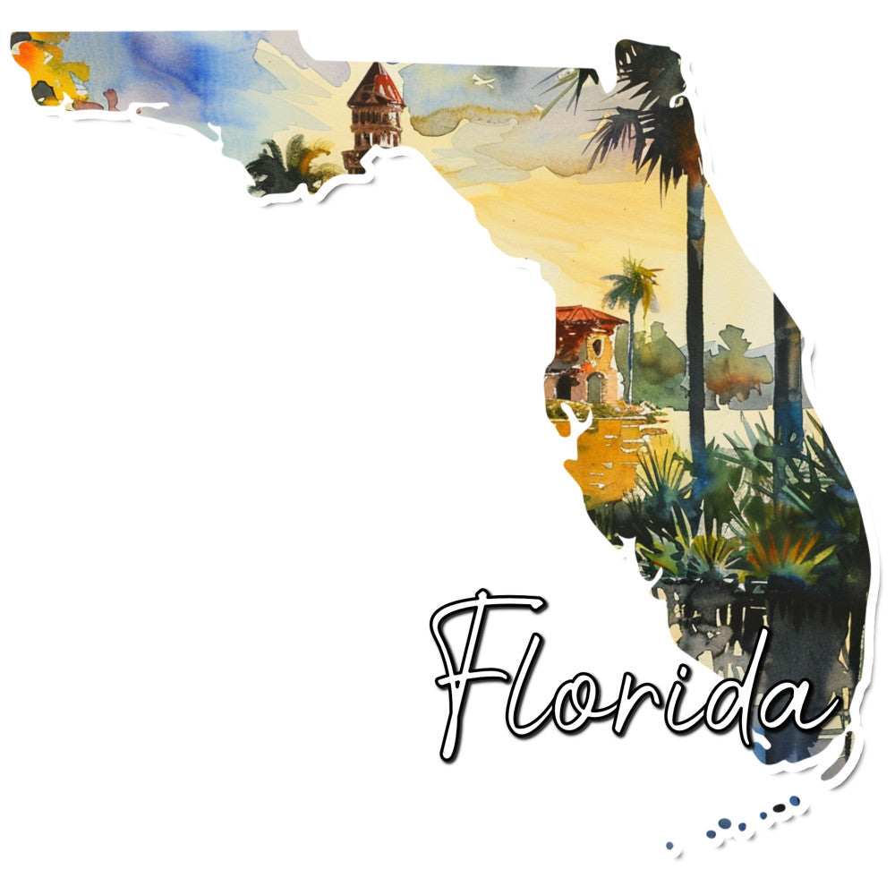 florida, state map, travel theme, vintage map, palm trees, historic buildings, architecture, tan, golden yellow, sky blue, sage green, cream, watercolor, scenic landscape, touristy, retro, nostalgic, mid-century, americana, geographic, regional pride, souvenir, travel decor, wall hanging, home decor, decorative panel, whimsical, hand-painted style, tropical elements, spanish colonial