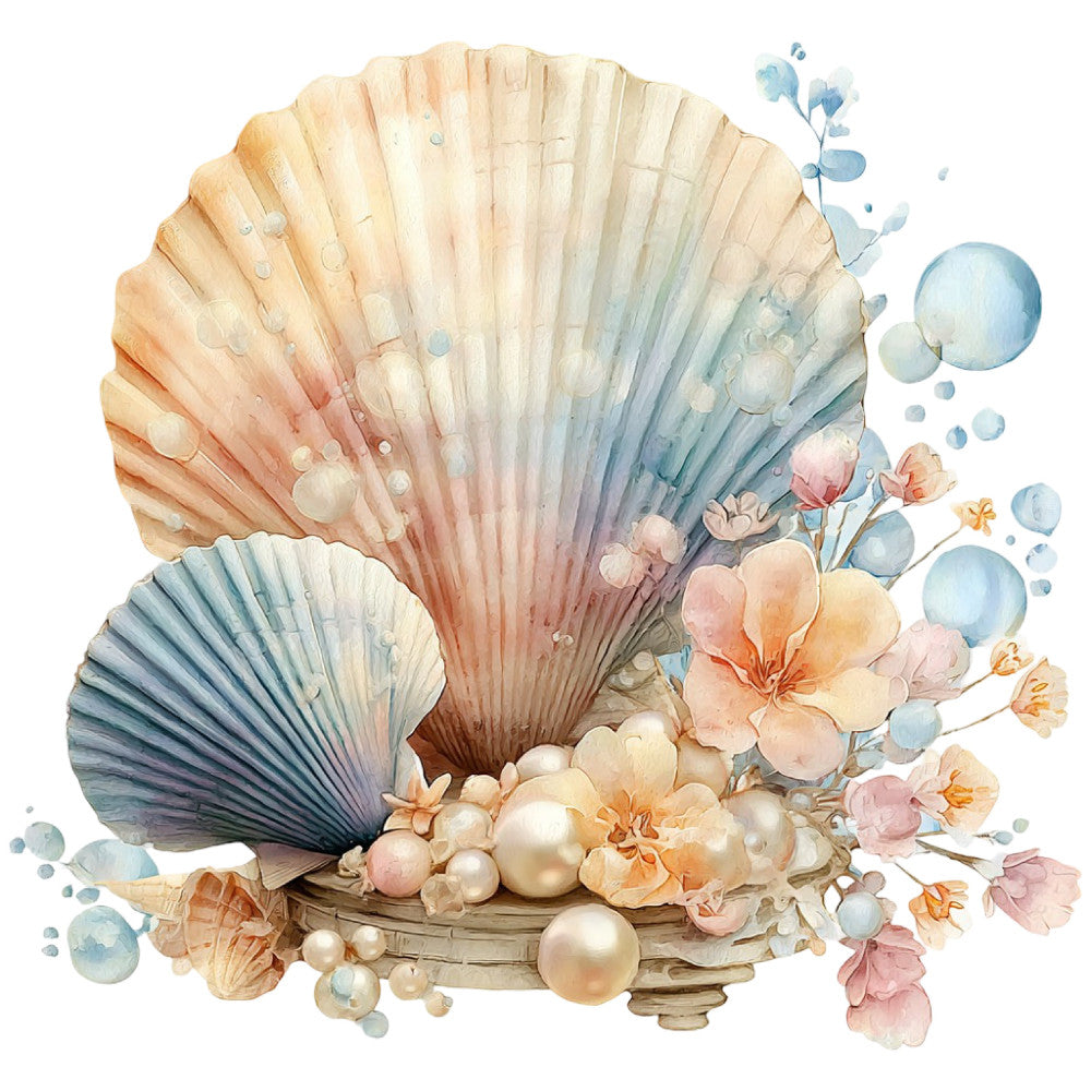 seashell, pearl, coastal, ocean, nautical, pastel, soft pink, dusty rose, cream, ivory, peachy orange, sage green, powder blue, blush, watercolor, floral, flowers, elegant, romantic, whimsical, spring, summer, feminine, bohemian, nature, botanical, bubbles, pearls, shells, clam shell