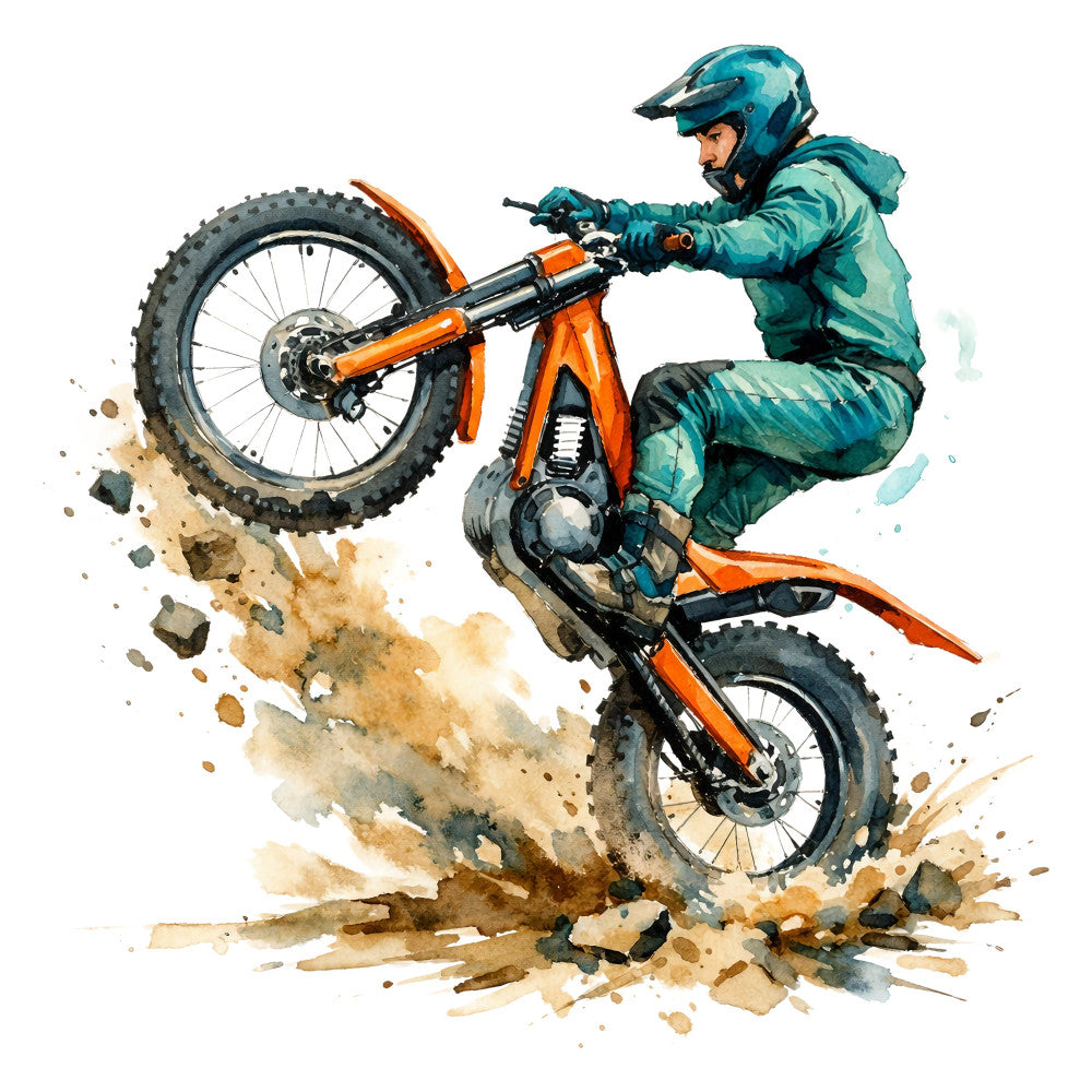 dirt bike, motocross, teal, orange, turquoise, sage green, tan, brown, watercolor, splatter, action sports, extreme sports, adventure, masculine, boys, men, modern, dynamic, energetic, sporty, vehicles, motorcycles, off-road, stunt, tricks, dust clouds, athletic wear, wall art, home decor, youth themed