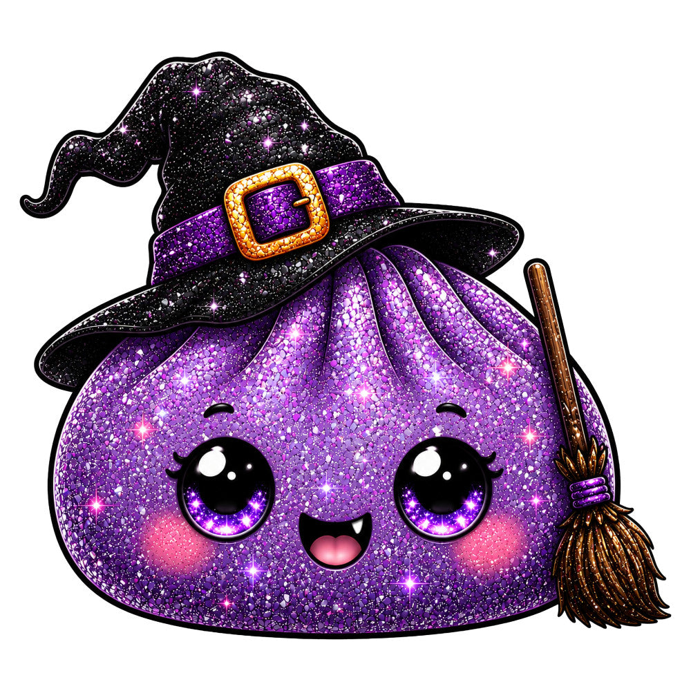 purple glitter, black sparkle, witch hat, broomstick, magical, whimsical, celestial, halloween, cute character, kawaii, glittery, shimmery, big eyes, smiling face, gold buckle, star embellishments, dark purple, cosmic, enchanted, mystical, fantasy, spooky, child-friendly, playful, festive, novelty print, character design, metallic accents, autumn, october
