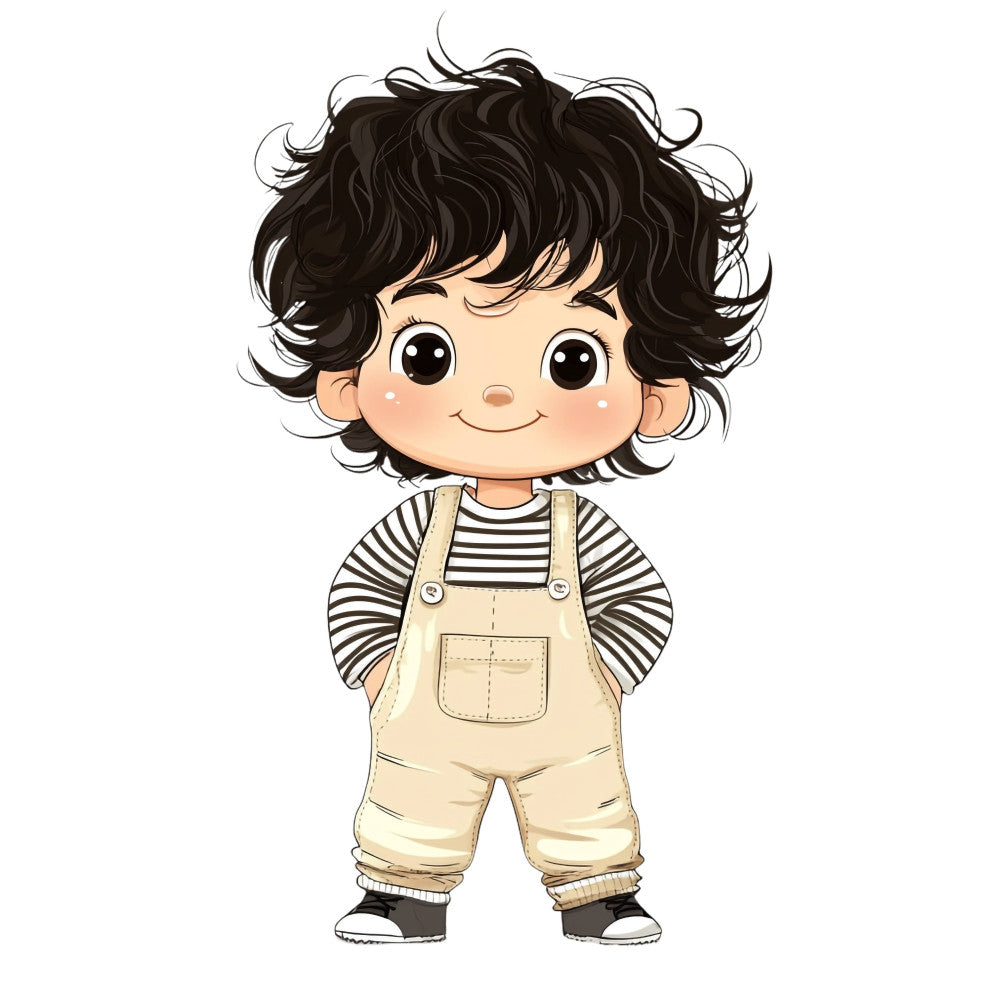cream, beige, tan, black, striped, whimsical, cute, children, boy, character panel, playful, modern, casual, overalls, charming, sweet, innocent, nursery, baby, toddler, apparel, cheerful, friendly, young child, illustration, cartoon style, spring, summer