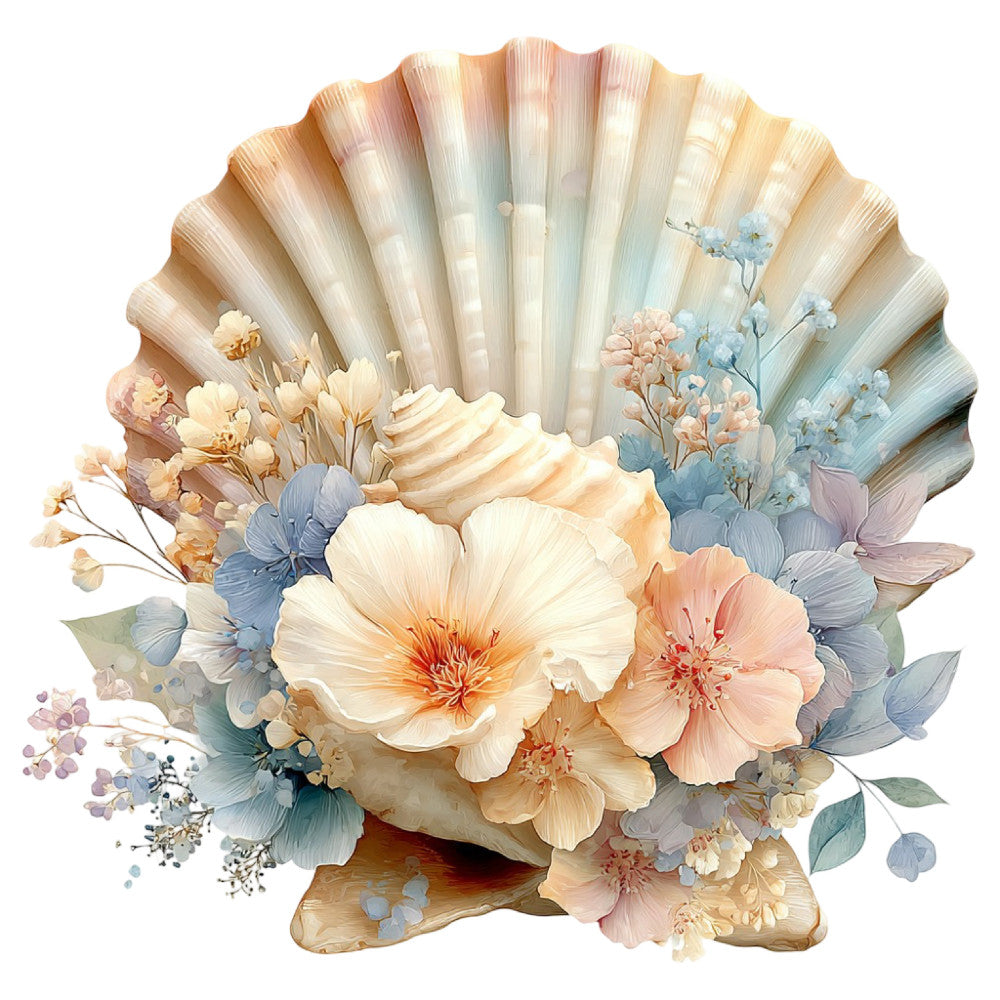 floral, shell, seashell, coastal, ocean, pastel, cream, ivory, dusty blue, slate blue, blush pink, peach, coral, sage green, watercolor, botanical, dried flowers, baby's breath, peonies, delicate, elegant, romantic, vintage, cottage core, spring, summer, nature, botanical art, shell design, beach themed