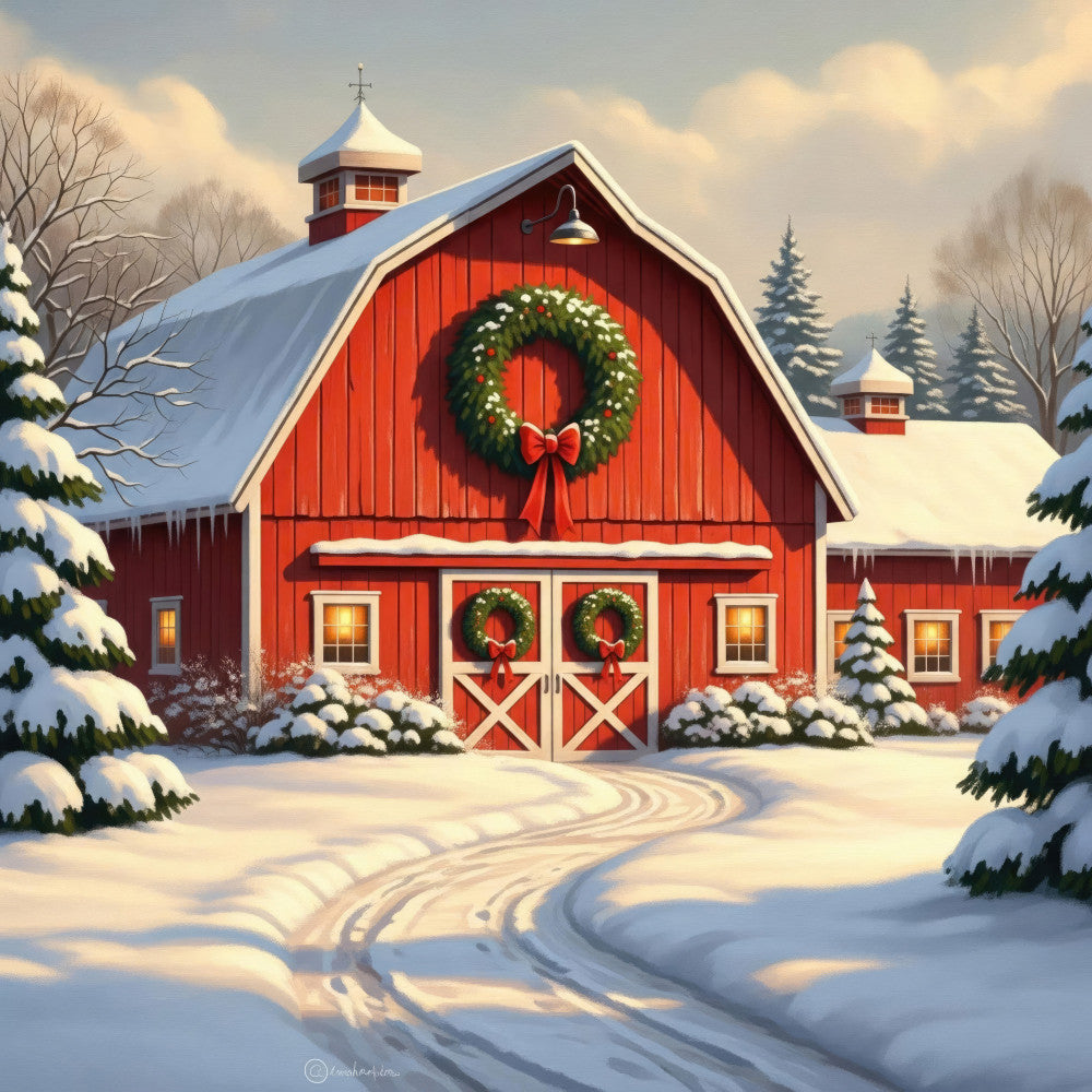 red barn, winter scene, snow covered, christmas, holiday, farmhouse, rural, countryside, wreath, red doors, white trim, evergreen trees, festive, seasonal, winter landscape, rustic, traditional, cozy, pastoral, snowy landscape, decorative wreath, red and white, cream, forest green, warm white, architectural, building, winter wonderland, holiday decor