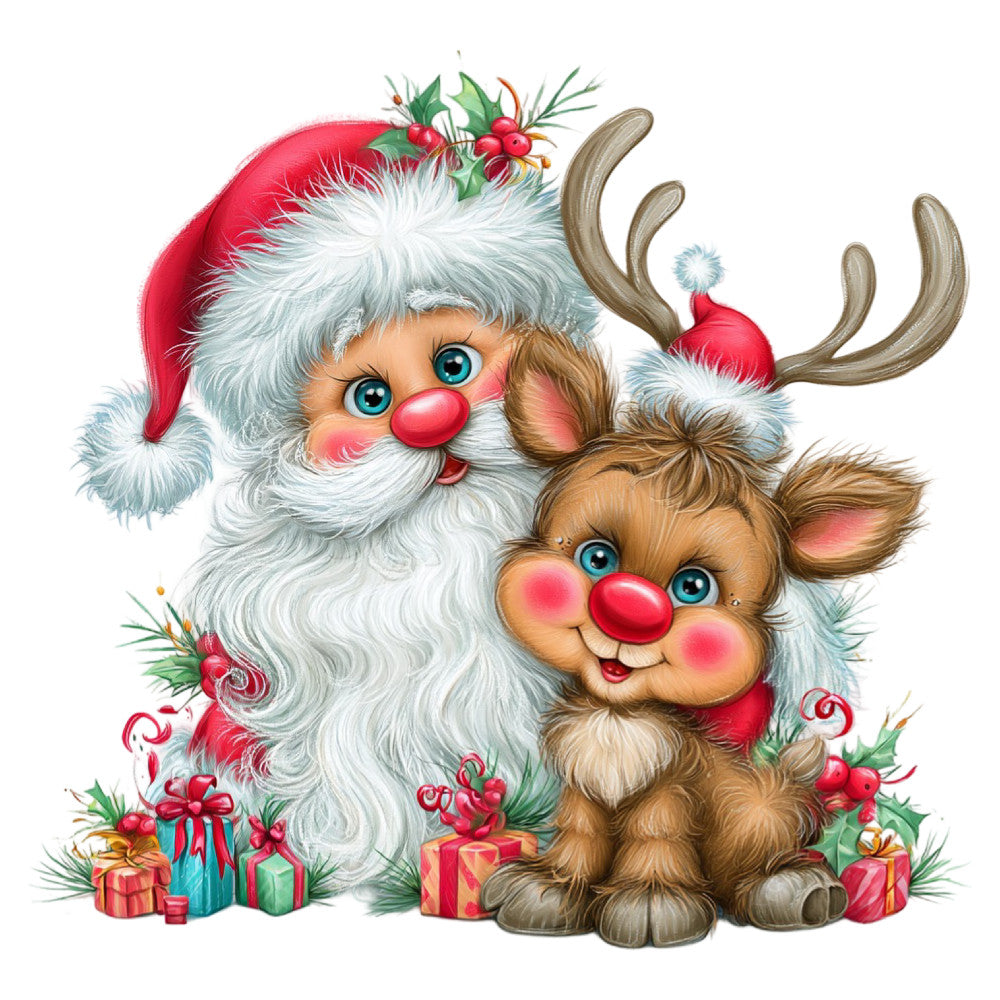 santa claus, reindeer, christmas, holiday, festive, whimsical, cute, red, white, cream, brown, green, gold, jolly, traditional, vintage, children's, character, nostalgic, decorative, themed, winter, gift giving, playful, cheerful, seasonal, animal, woodland, rustic charm, retro style