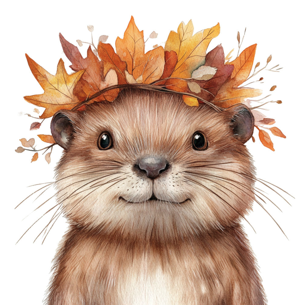autumn animal, fall foliage, otter, woodland creature, cute animal face, children's fabric, whimsical style, nature themed, burnt orange, golden yellow, rust red, warm tones, rustic style, forest animal, seasonal design, fall colors, leaves and branches, animal portrait, storybook illustration, baby nursery, wall hanging, harvest season, playful character, watercolor style, kid-friendly, woodland friends, autumn leaves crown, charming animal, cozy aesthetic