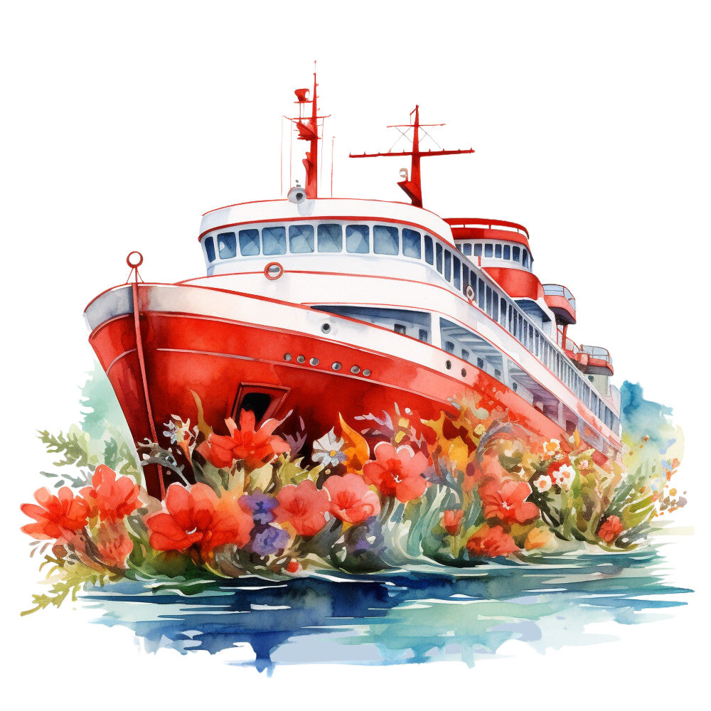 cruise ship, watercolor style, red hull, white superstructure, nautical theme, maritime vessel, ocean waves, tropical flowers, hibiscus blooms, coral red, navy blue, aqua water, passenger ship, multi-deck vessel, fabric panel, quilting cotton, travel theme, vacation motif, floral accents, boat illustration