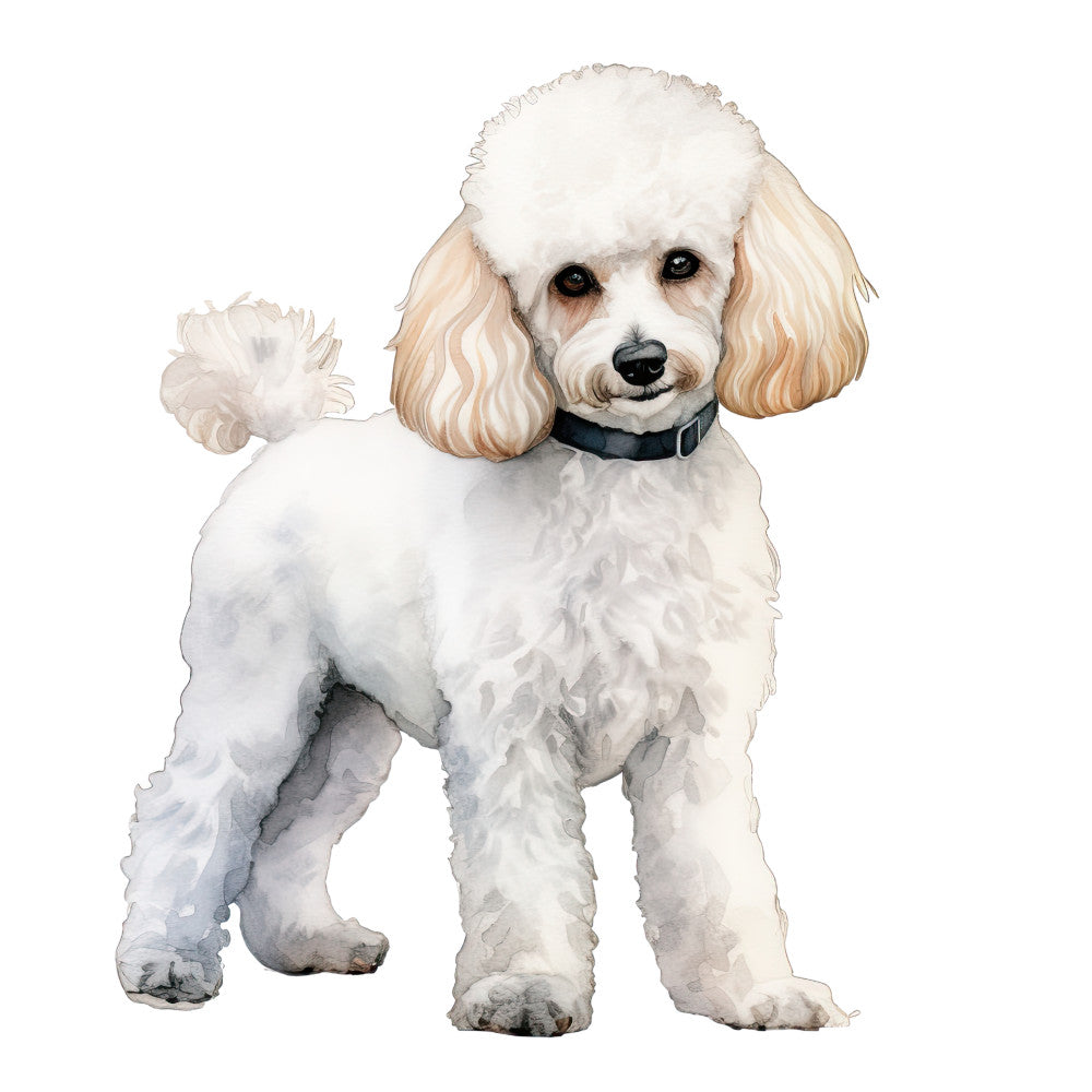 Watercolor Dogs Fabric Panel 4 features a detailed watercolor illustration of a white poodle standing with soft shading and texture.