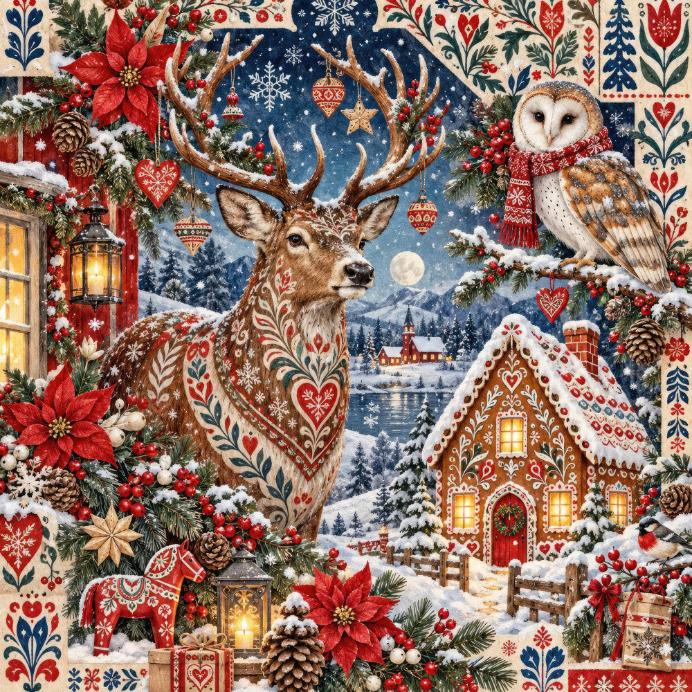 christmas, holiday, winter, red, navy blue, cream, gold, deer, reindeer, owl, gingerbread house, snow, snowflake, poinsettia, folk art, traditional, festive, whimsical, rustic, vintage, scandinavian, floral, heart, evergreen, lantern, ornament, cottage core, cozy, woodland, decorative