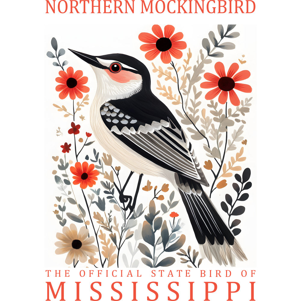 northern mockingbird, state bird, mississippi, coral flowers, black and white bird, botanical illustration, floral motif, fabric panel, quilting cotton, nature design, red-orange blooms, gray foliage, educational poster, bird watching, ornithology theme, spring flowers, wildlife art, decorative panel, craft fabric, sewing project