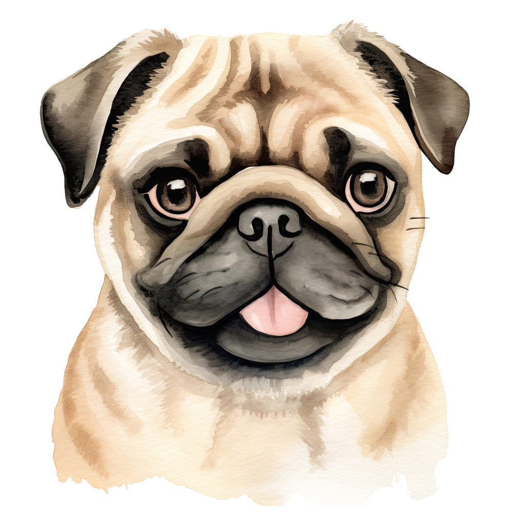 Watercolor Pug Fabric Panel 15 features a detailed, hand-painted pug face design on premium quilting cotton fabric.