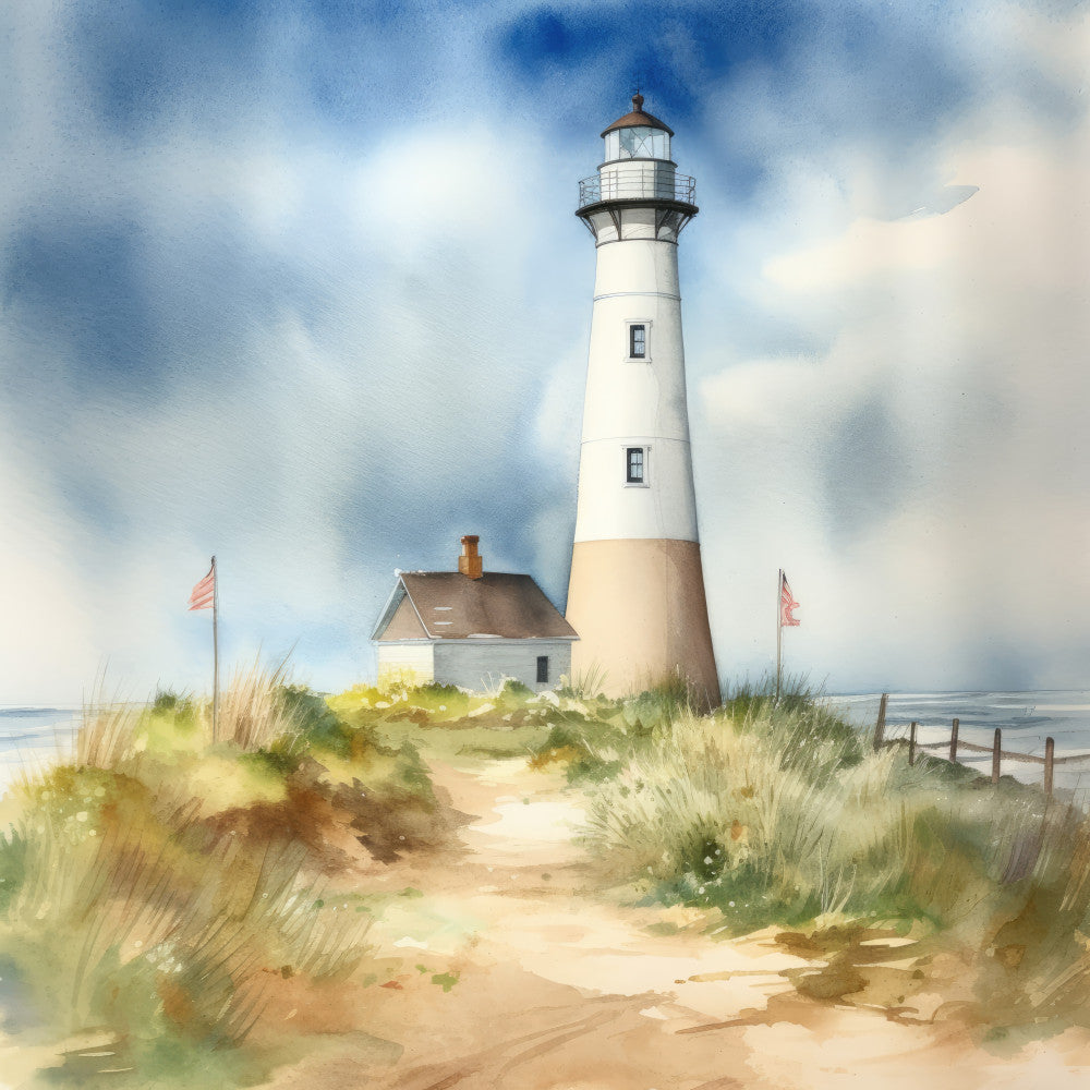lighthouse, coastal, nautical, beach, seaside, sand dunes, ocean, seashore, americana, patriotic, flags, american flags, cottage, keeper's house, traditional, vintage, scenic, landscape, sky blue, cream, tan, beige, sandy brown, rust, grass green, sage green, soft colors, watercolor, illustration, americana coastal