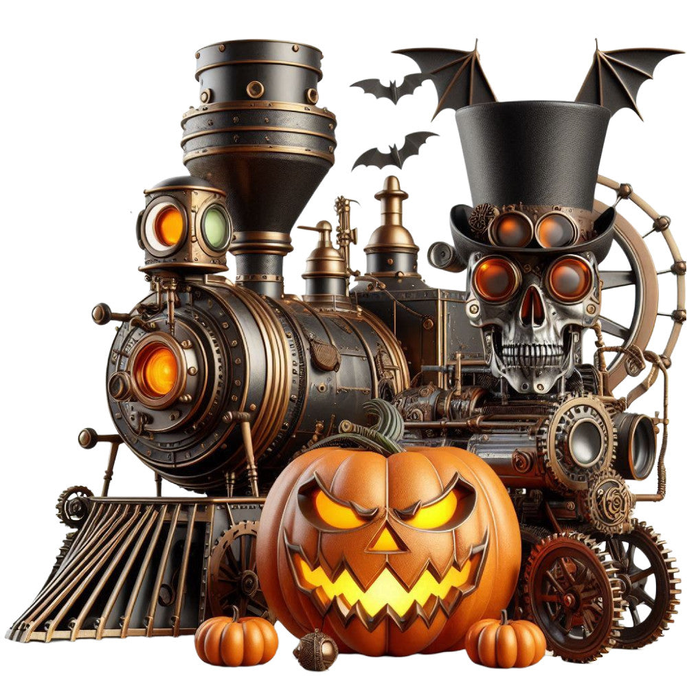 steampunk, halloween, pumpkin, jack-o-lantern, skull, gears, bronze, copper, black, orange, yellow, gold, industrial, vintage, gothic, mechanical, autumn, fall, festive, holiday, bat, spooky, creepy, dark, rustic, whimsical, Victorian, airship, engine, decorative