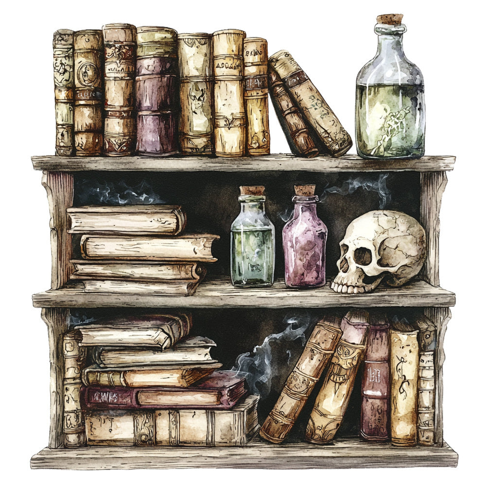 vintage books, antique shelves, gothic, witchy, steampunk, cream, tan, brown, dusty rose, sage green, library, apothecary, skull, potion bottles, vintage aesthetic, dark academia, botanical, mysterious, whimsical, elegant, rustic, literary, occult, celestial, autumn, halloween, thanksgiving, wall hanging, home decor, educational