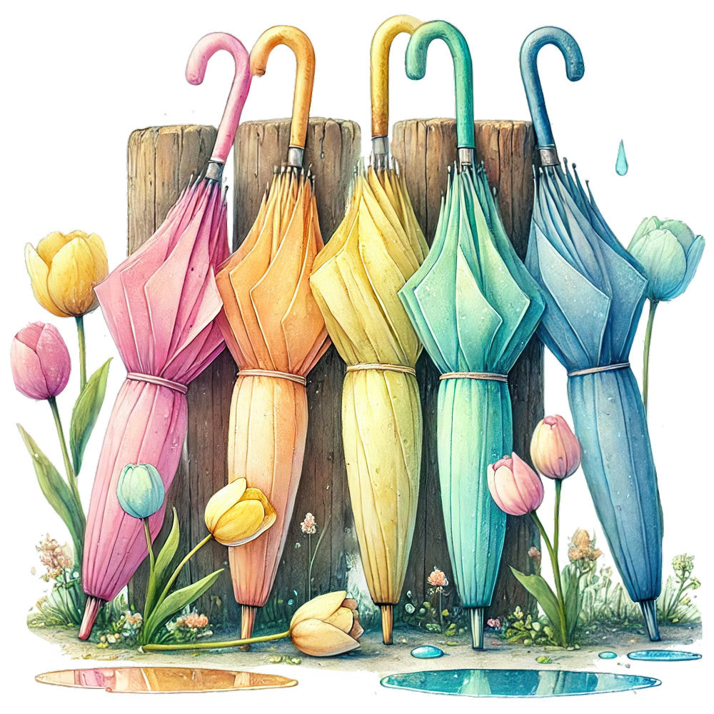 umbrellas, pastel pink, soft yellow, sage green, dusty blue, navy blue, watercolor, floral, tulips, nature, whimsical, spring, easter, rainy day, botanical, colorful, gradient, vintage, children's, playful, cheerful, garden, flowers, decorative, wall hanging, nursery, shabby chic, illustration, artistic, weather