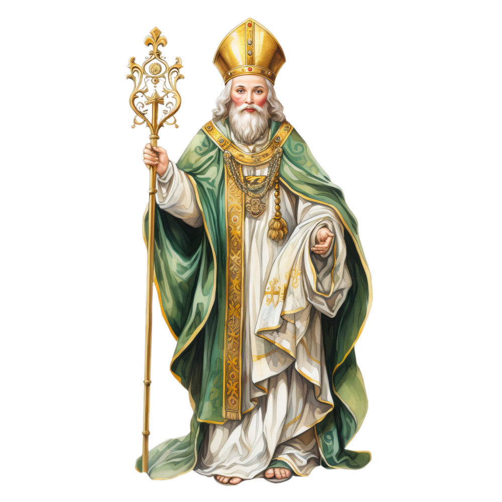 forest green, gold, cream, white, religious, saint, bishop, historical, traditional, elegant, vintage, ornate, spiritual, ecclesiastical, renaissance, robes, mitre, staff, cross, religious figure, christian, catholic, formal wear, ceremonial, majestic, wall hanging, decorative panel, faith-based, historical costume
