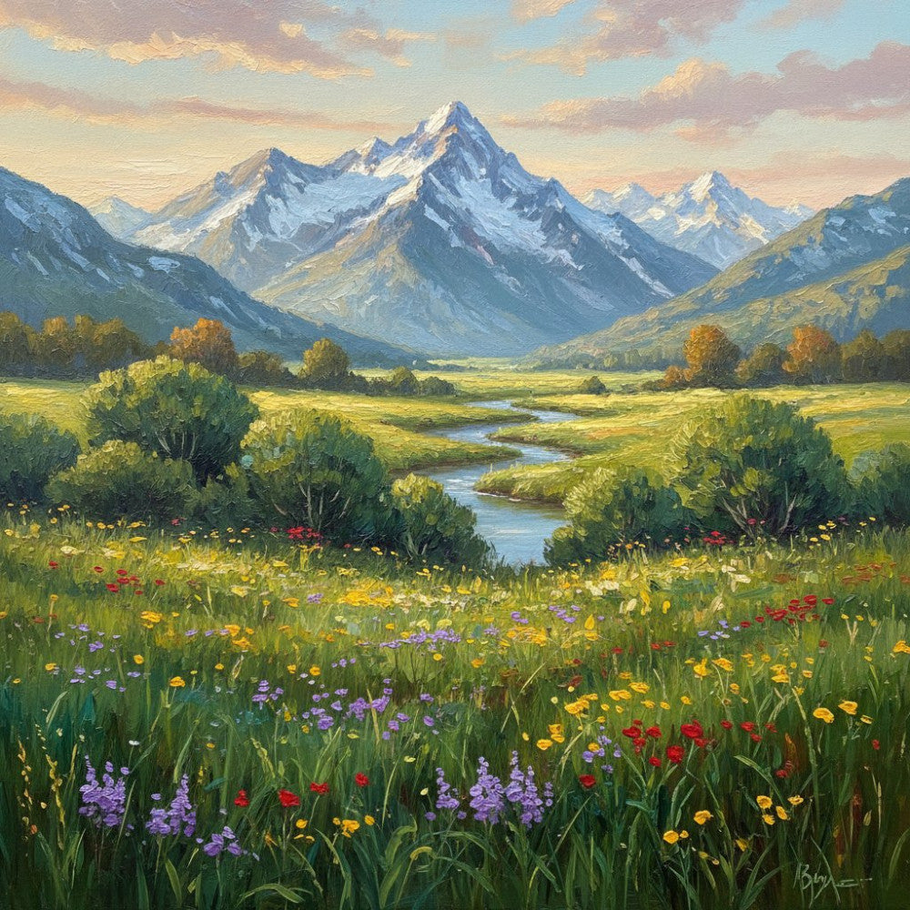 mountain landscape, alpine scenery, snow-capped peaks, wildflower meadow, spring flowers, summer landscape, pastoral scene, valley view, nature scenic, rustic countryside, golden yellow, sky blue, forest green, lavender purple, deep red, wildflowers, daisies, buttercups, river stream, evergreen trees, traditional landscape, scenic vista, botanical, floral meadow, spring nature, summer season, cottage core, peaceful scenery, scenic beauty
