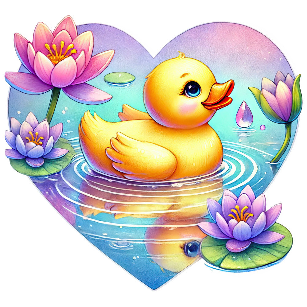 yellow duck, lotus flowers, water lilies, purple flowers, pink flowers, turquoise water, heart shaped, whimsical, nature, animals, birds, floral, gradient colors, pastel colors, soft colors, aqua blue, lavender purple, golden yellow, orange beak, water ripples, pond life, spring, summer, baby nursery, children's, sweet, cute, magical, fantasy, decorative panel