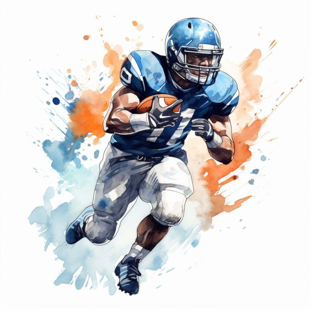 navy blue, royal blue, white, orange, watercolor, abstract, sports, football, athletic, masculine, modern, dynamic, action, player, running back, receiver, watercolor splatter, paint splash, energetic, youth, teen, sports fan, football player, americana, blue and white, bold, contemporary
