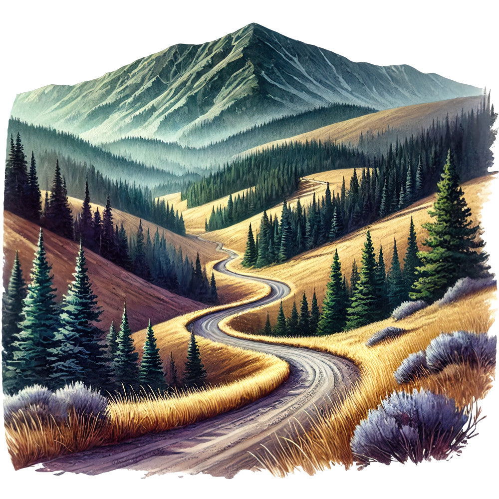 mountain landscape, winding road, evergreen trees, golden meadows, layered mountains, sage green, burnt orange, deep purple, misty blue, scenic valley, alpine scenery, nature scene, fabric panel, quilting cotton, outdoor theme, wilderness design, rolling hills, coniferous forest, mountain vista, autumn colors