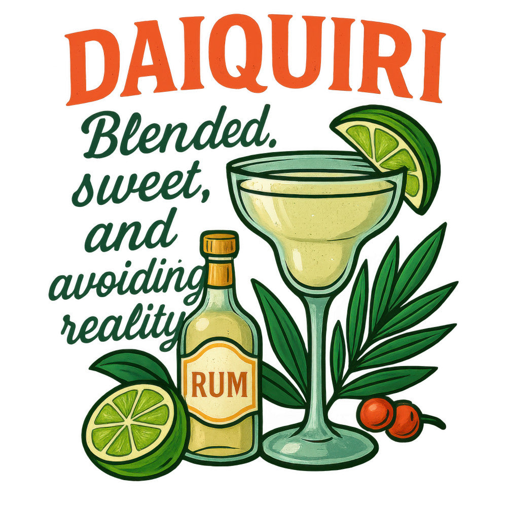 daiquiri cocktail, rum bottle, lime slices, margarita glass, orange red text, forest green leaves, tropical drink, alcohol themed, beverage illustration, citrus fruits, bar accessories, cocktail ingredients, bright orange, lime green, vintage style art, drinking humor, tropical paradise, rum cocktail, mixed drinks, fabric panel