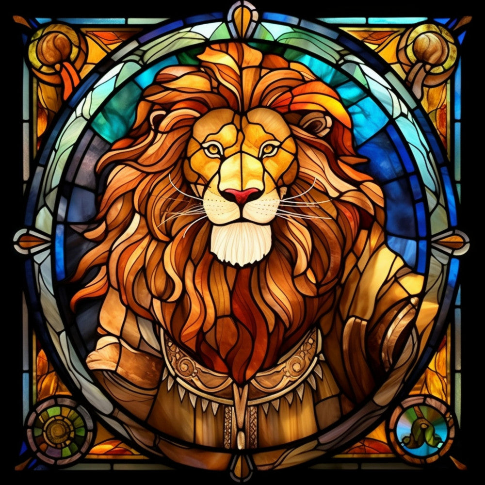 lion, stained glass, amber, golden yellow, deep blue, orange, teal, geometric patterns, circular medallion, majestic lion face, flowing mane, ornate border, decorative scrollwork, fantasy art, regal, fabric panel, quilting cotton, art nouveau style, vibrant colors, mythical creature