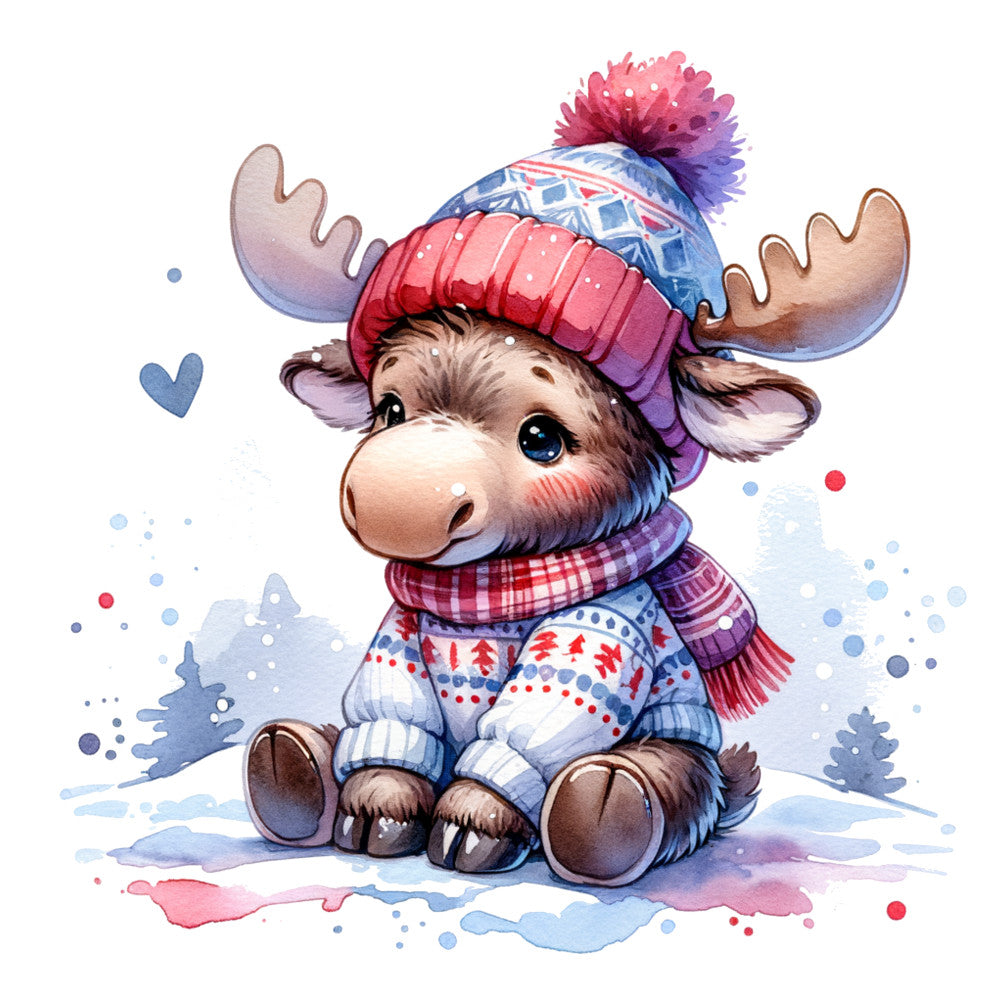 baby moose, winter clothing, knit hat, pom pom, scarf, sweater, watercolor style, cute animal, sitting pose, blue eyes, antlers, pink cheeks, snowflakes, winter theme, fabric panel, quilting cotton, nursery decor, baby quilt, soft pastels, whimsical illustration, 童話風格