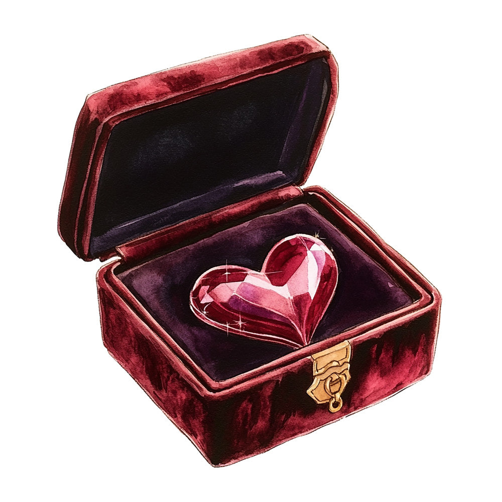 burgundy, deep red, crimson, heart-shaped gemstone, crystal heart, jewelry box, velvet lining, purple interior, romantic motif, luxurious, ornate, sparkling gem, fabric panel, quilting cotton, gothic romance, vintage style, ornamental clasp, rich textures, dramatic lighting, love theme