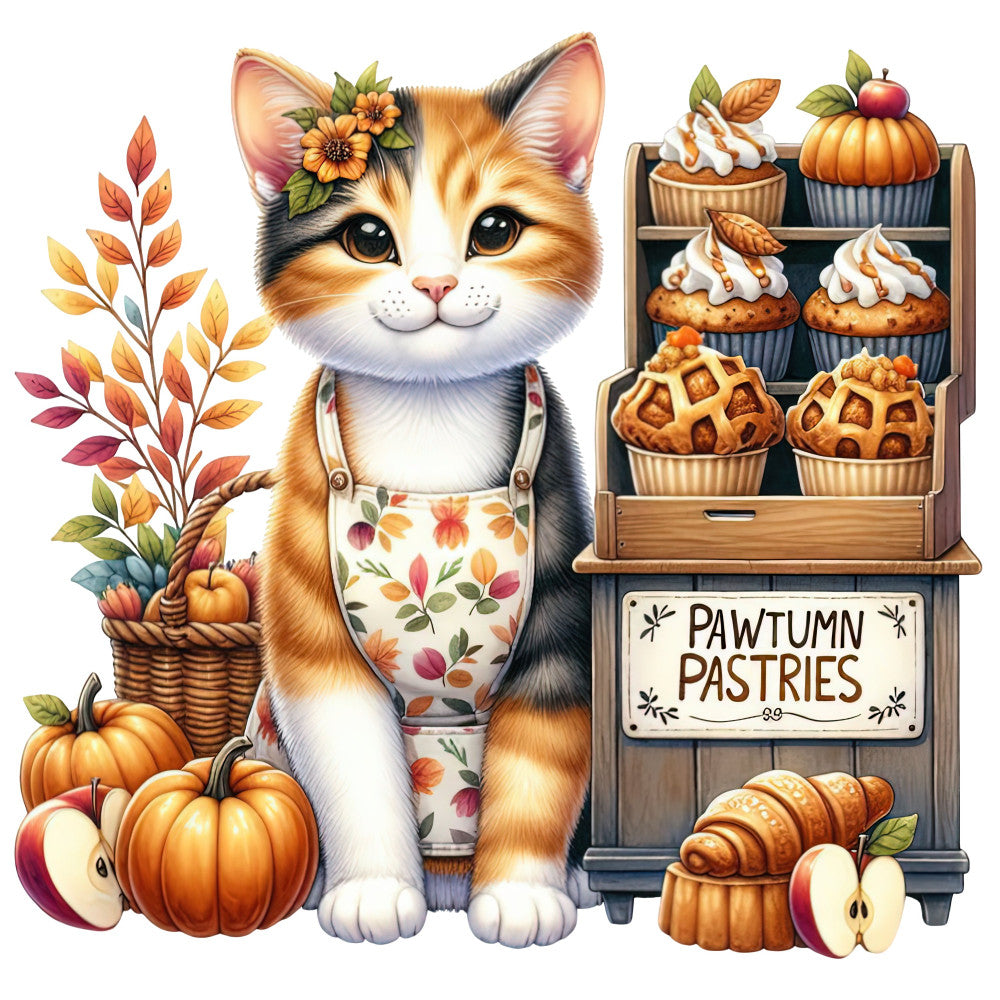 autumn cat, fall cat, calico cat, orange tabby, pumpkin, apple, sunflower, autumn leaves, fall foliage, pastries, cupcakes, croissant, bakery, whimsical, farmhouse, rustic, vintage, orange, cream, golden yellow, rust, forest green, burnt sienna, autumn theme, fall theme, harvest, nature, animals, cats, baked goods