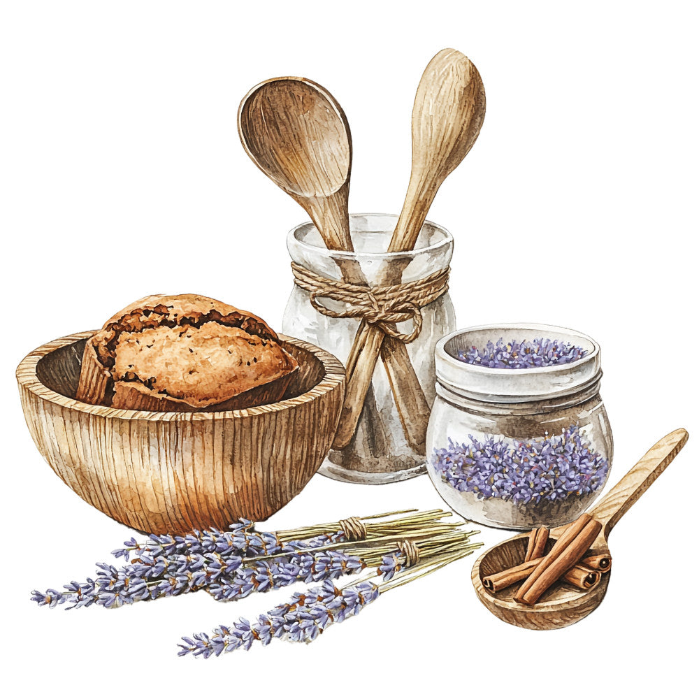 rustic kitchen, wooden bowls, glass jars, lavender sprigs, cinnamon sticks, bread loaf, wooden spoons, natural rope, purple lavender, brown wood grain, cream background, farmhouse style, cooking utensils, herb bundle, mason jars, watercolor style, kitchen tools, country charm, fabric panel, quilting cotton