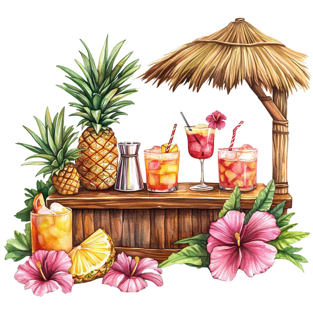tropical paradise, tiki bar, pineapple, hibiscus flowers, palm fronds, cocktails, beverages, thatched umbrella, bamboo bar, pink flowers, green foliage, brown wood, orange drinks, red cocktails, hawaiian theme, watercolor style, fabric panel, quilting cotton, summer vibes, island scene