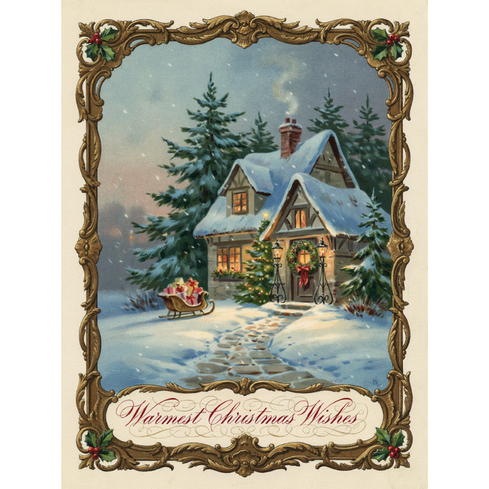 christmas, holiday, vintage, winter scene, snow, cottage, house, evergreen trees, pine trees, sleigh, santa, reindeer, festive, traditional, elegant, ornate frame, gold trim, cream, forest green, deep blue, warm white, snow white, red accents, golden brown, decorative border, wreath, chimney, warm lights, nostalgic, classic