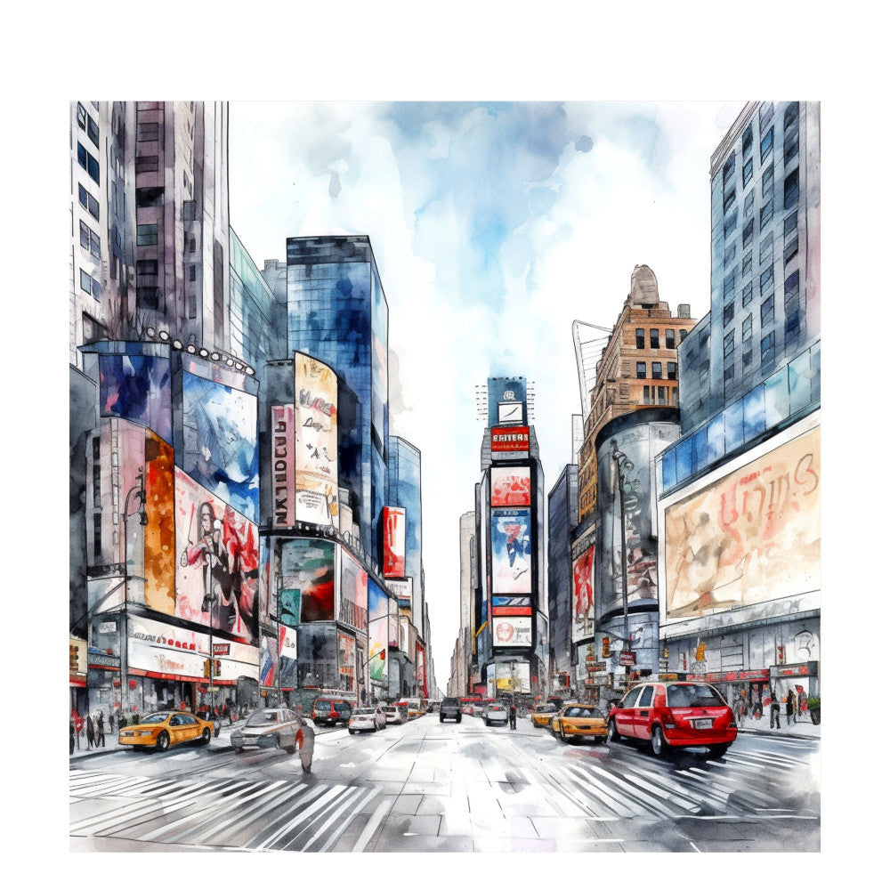 times square, new york city, urban landscape, cityscape, yellow taxi, street scene, buildings, skyscrapers, architectural, modern city, watercolor style, painted effect, blue sky, clouds, pedestrians, crosswalk, bustling street, metropolitan, contemporary, travel themed, americana, iconic landmarks, multi-color, navy blue, yellow, red, gray, beige, tan, white
