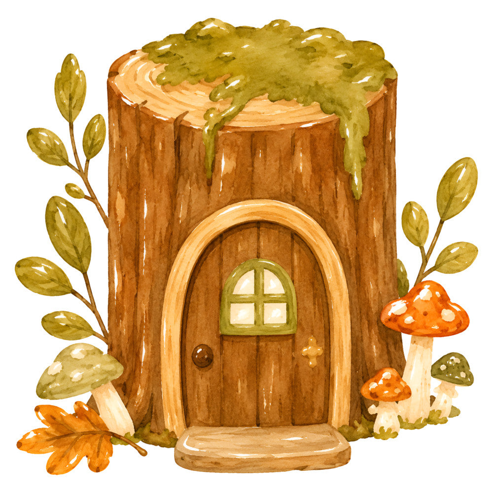 woodland, fairy tale, whimsical, tree house, forest green, golden yellow, burnt orange, cream, brown, nature, fantasy, storybook, mushrooms, toadstools, moss, leaves, autumn, fall, rustic, cottage core, magical, enchanted, woodland creatures, children's, baby, decorative, wall hanging, home decor, earth tones