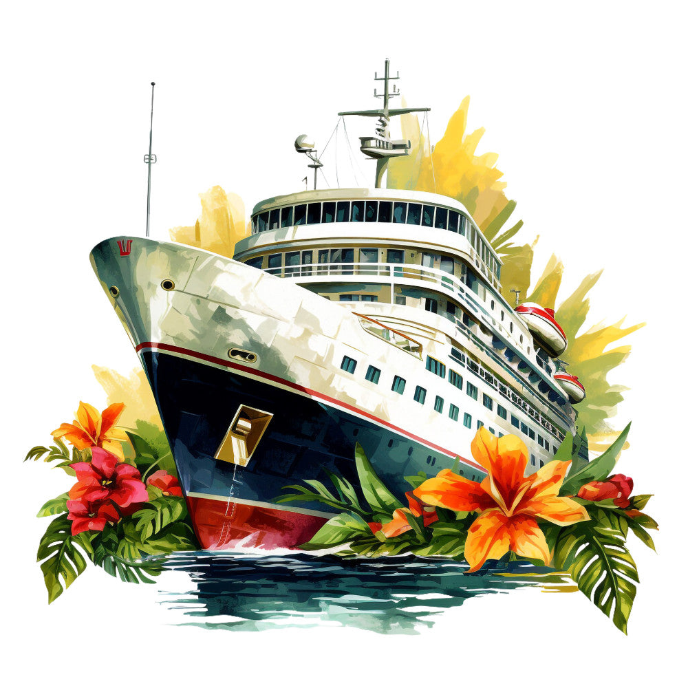 cruise ship, tropical flowers, hibiscus, palm leaves, ocean water, white hull, navy blue, red accents, orange blooms, yellow sunshine, green foliage, maritime scene, vacation theme, watercolor style, fabric panel, quilting cotton, nautical design, summer motif, travel imagery, boat illustration